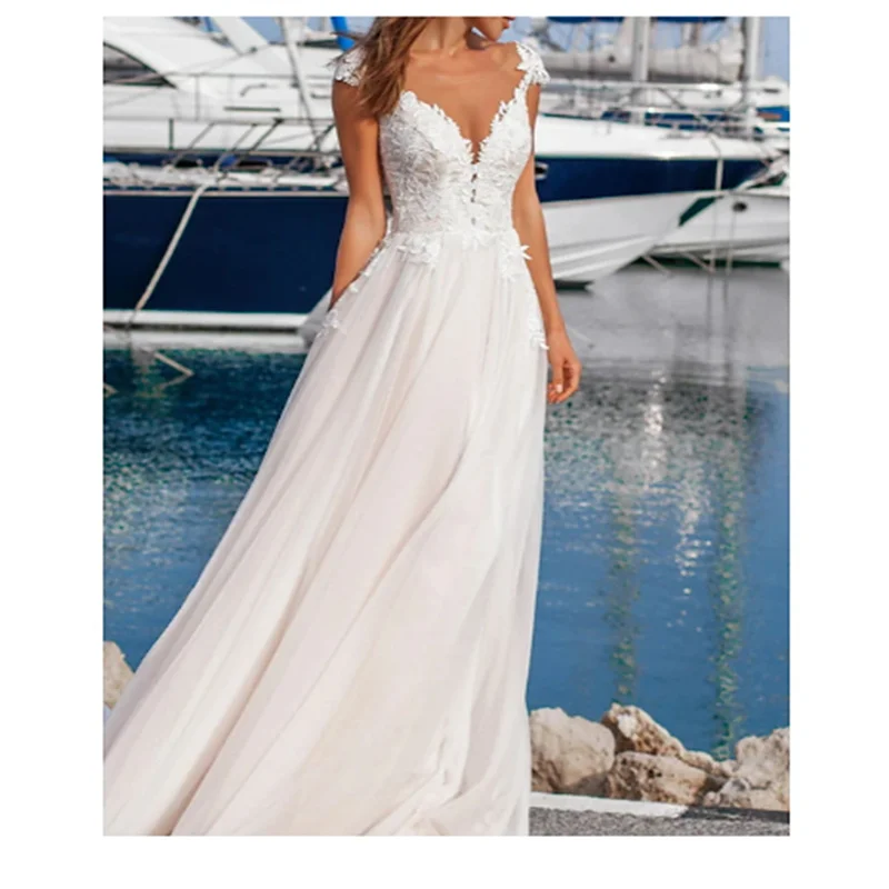 

Beach Wedding Beach Formal Wedding Dresses A-Line V Neck Cap Sleeve Floor Length Lace Bridal Gowns With Appliques Customizd