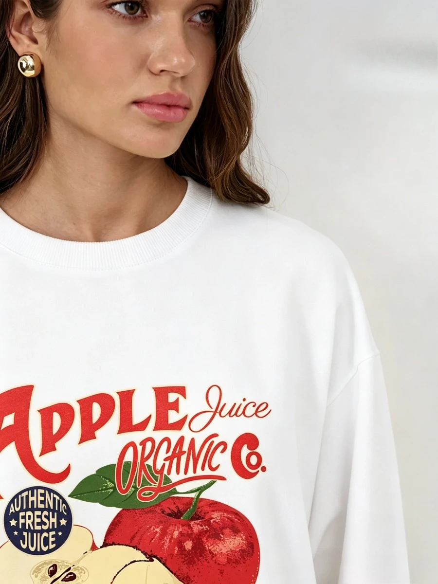 Spring Autumn 100% Cotton Women T‑Shirt Apple Juice Organic Farm Fruit Graphic Print Long Sleeve Loose Fashion Basic Base Top view 4