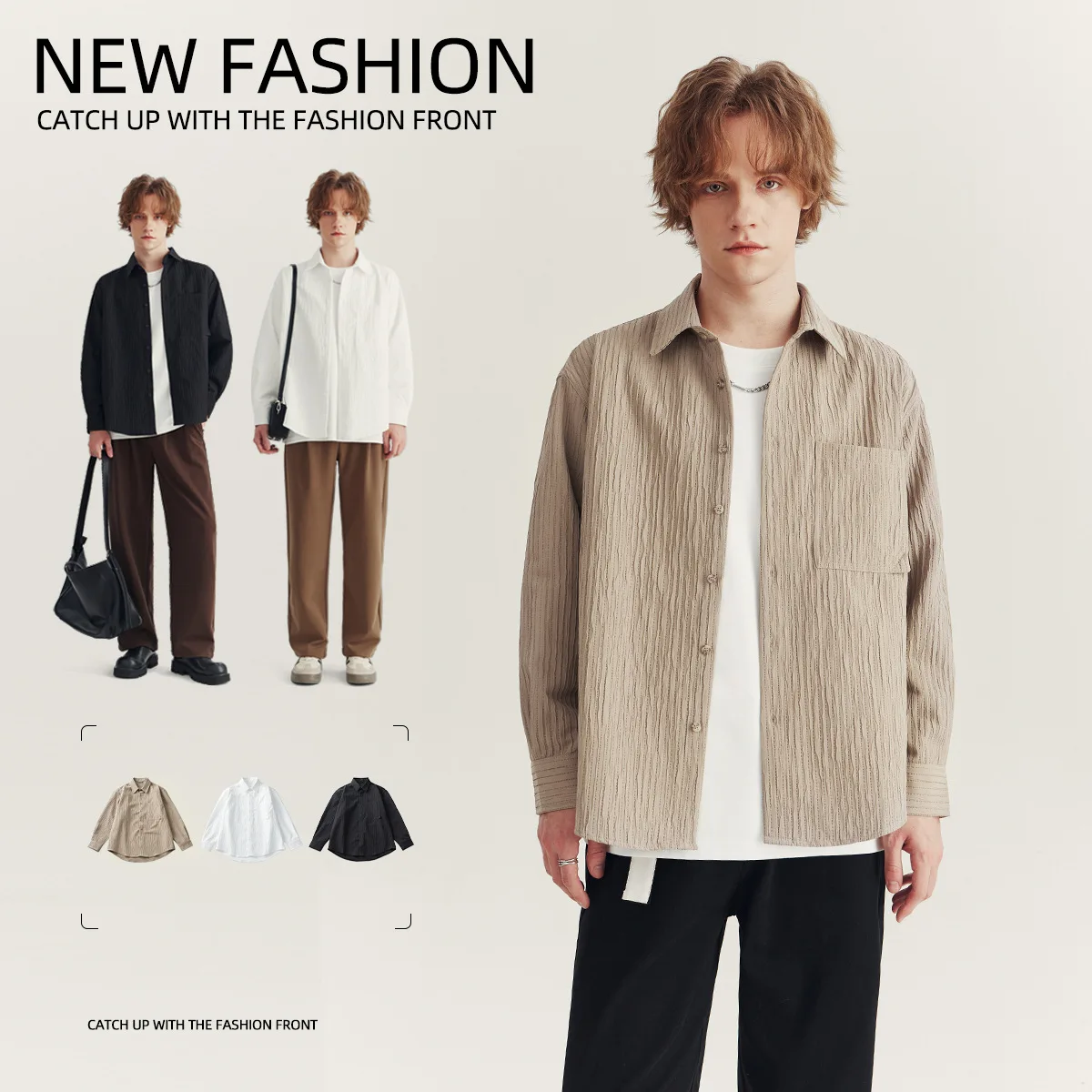 

Men's Casual Loose Long Sve irt Stand Collar Autumn Faion APO Men's Wear Comfortable Texture Sensation