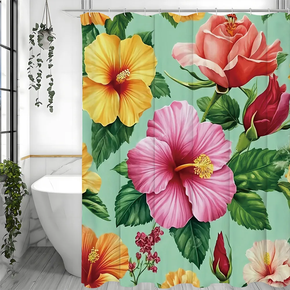 緑の咲く花シャワーカーテン洗える汚れに強いシャワーヘッド防水ポリエステルバスカーテン家の装飾用