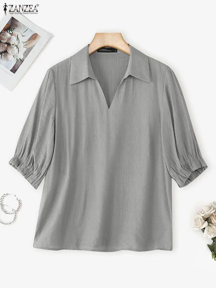 Outono blusas zanzea elegante ol blusa moda com decote em v camisas femininas 2025 casual 3/4 puff manga sólida coreano oversized túnica topos