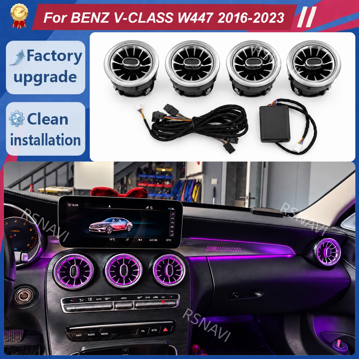 Front Dashboard Turbine AC Vents for Mercedes-Benz V-Class W447 2014-2023, Cabin Ventilation Parts for Ambient Lighting Retrofit