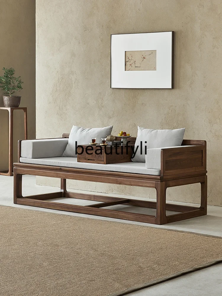 North American black walnut sofa bed New Chinese modern solid wood sofa Living room Arhat bedQQ