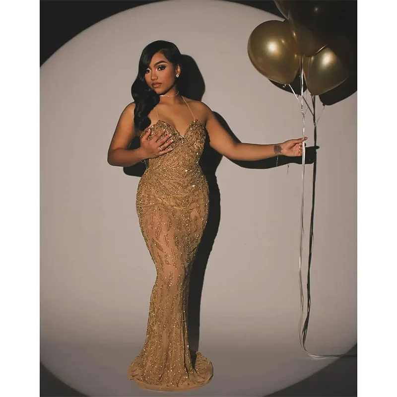 Luxury Gold Evening Dress 2024 Beads Sequined Backless Illusion Sexy Floor-Length Birthday Party Prom Dresses Custom Made