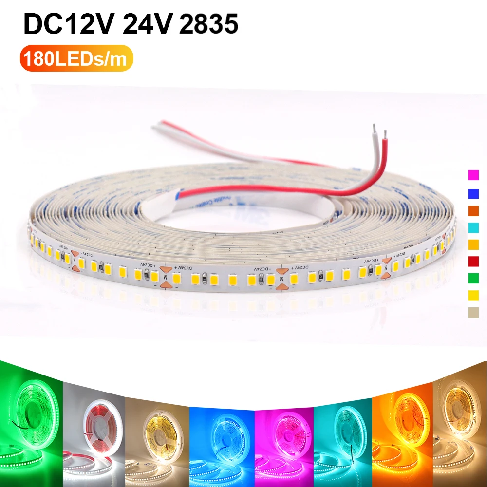 5M 10M LED Strip 2835 DC12V 24V 180LEDs/m Home Lamp Strip Red Blue Green Pink Yellow White Flexible And Cuttable Soft Lamp Bar