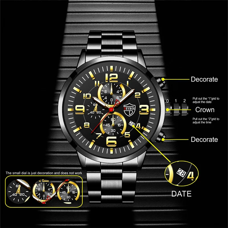 2022 Fashion Mens Sports Watches Men Luxury Stainless Steel Quartz Wrist Watch Luminous Clock Man Business Casual Leather Watch