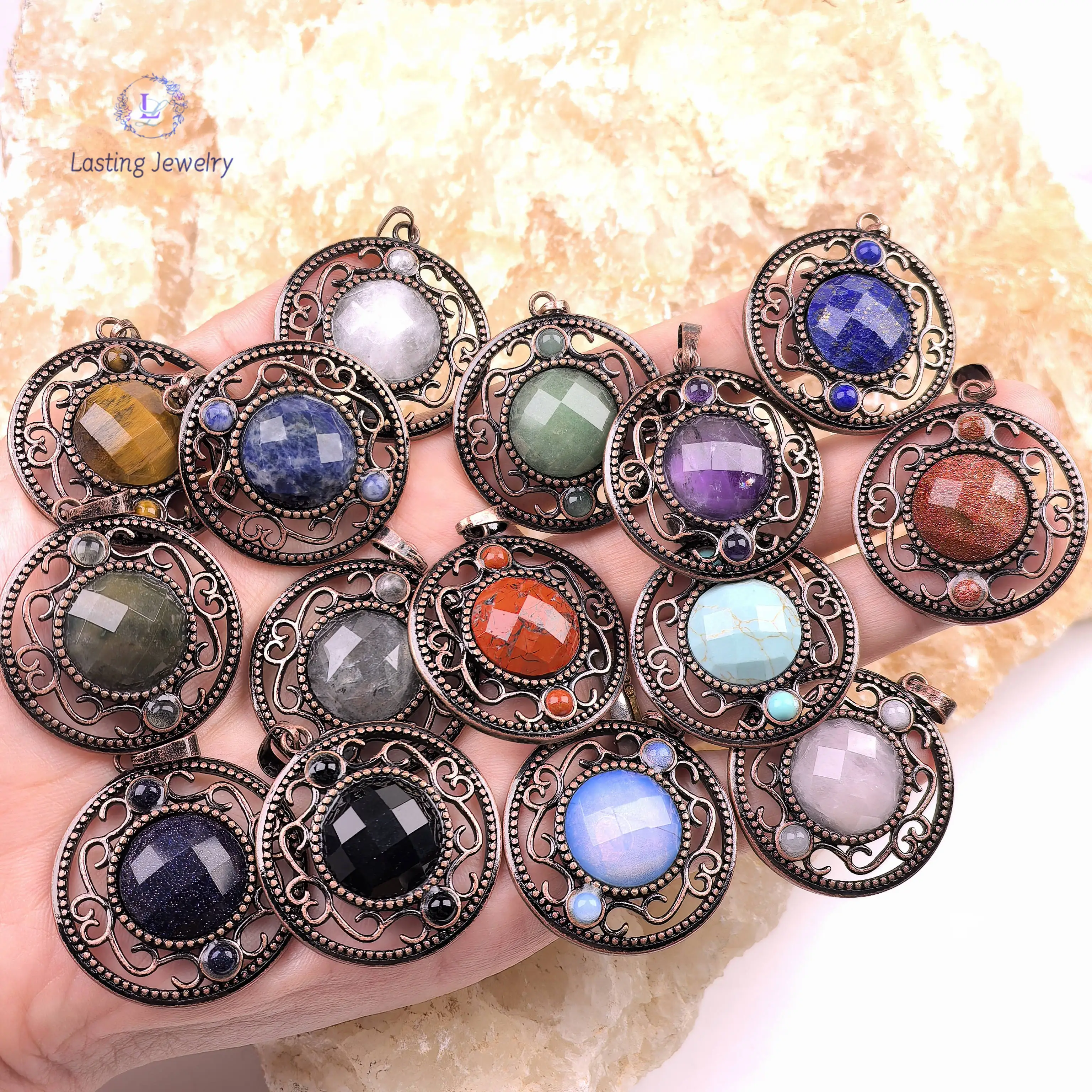 Medieval Style Hollow-out Antique Cooper Pendants,Faceted Round Gemstone Amethyst Obsidian Opal Charms Necklace Jewelry Making