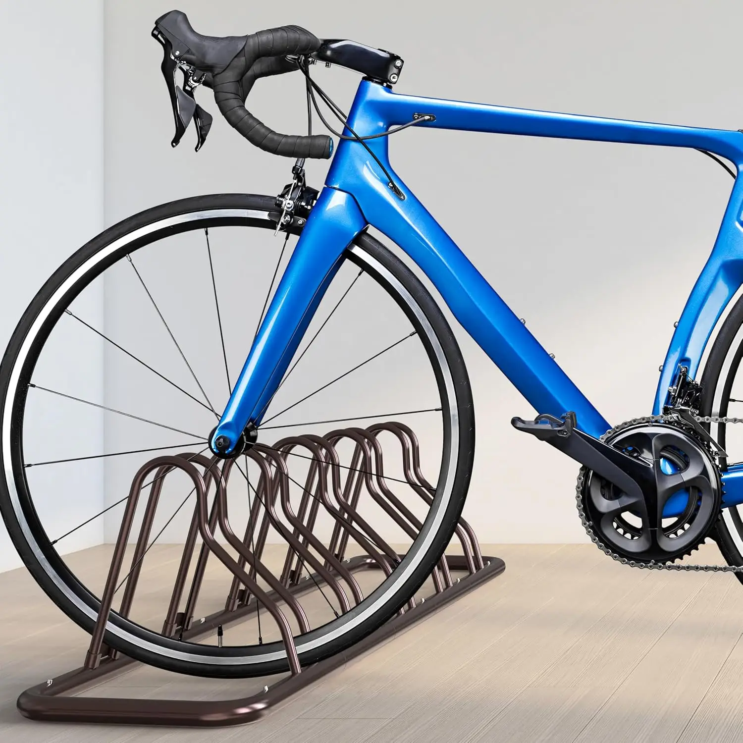 Adjustable 5-Bike Floor Stand for Secure Parking, Bronze Finish, Easy Assembly