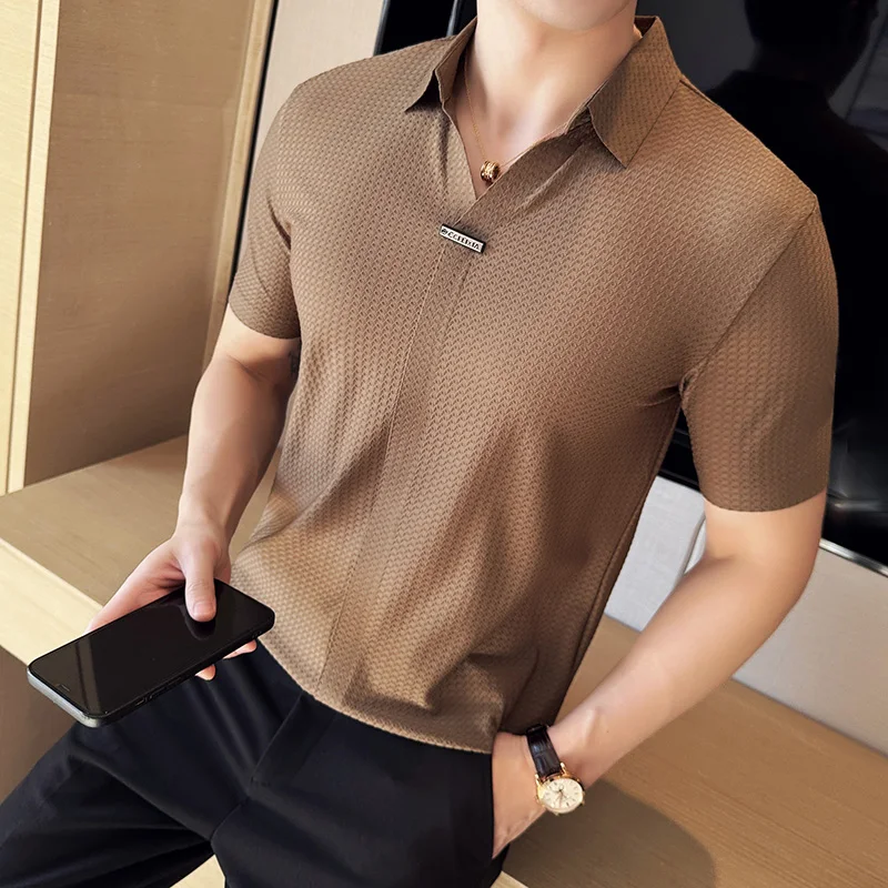 Ice Silk Seamless High Elastic V-neck Waffle Short Sleeved Polo Shirt Thin Breathable Casual Business Lapel T-shirt 2024 Summer