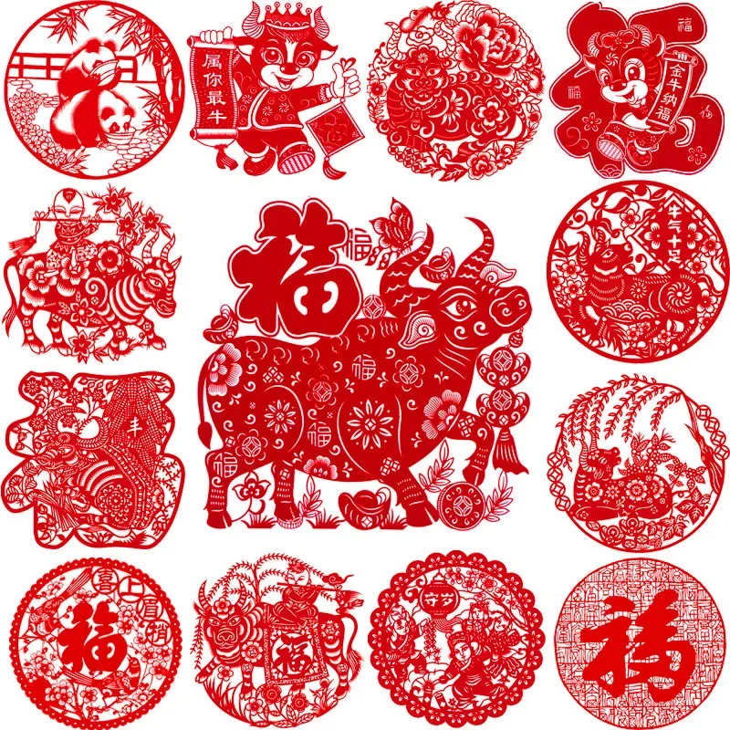 20CM Chinese Paper-cutting Hollow Blessing FU Koi Carp Magpie Panda Flower Rice Paper Window Decal Sticker Spring Festival Decor