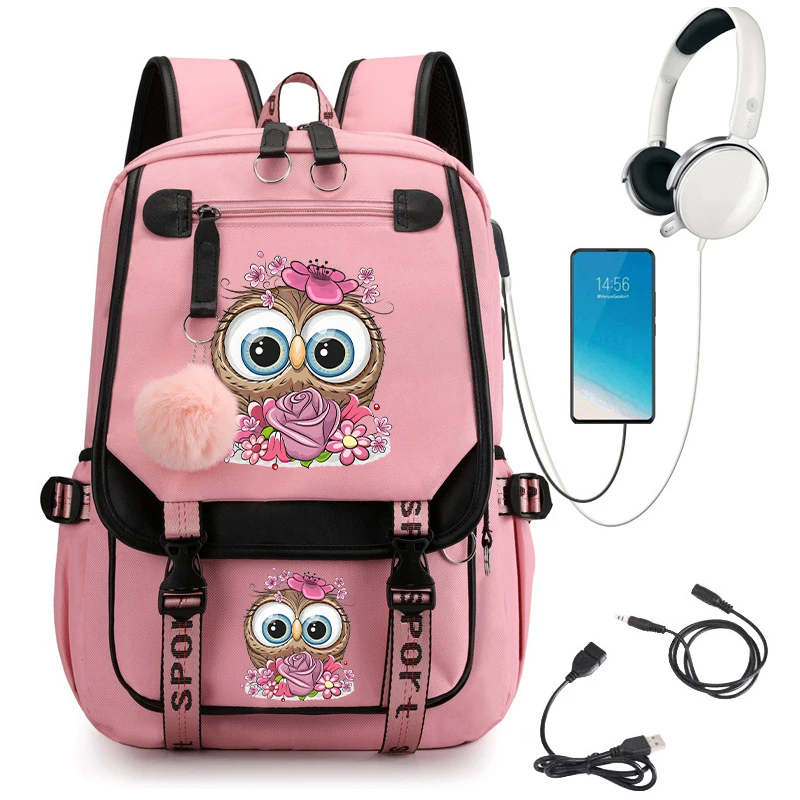 Coruja com Flower Print Mochila para Meninas, Sacos para Adolescentes, Cute Kawaii Bagpack, USB, Estudantes da Escola Primária, Bookbag