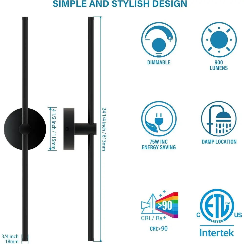 24 Inch LED Indoor Linear Wall Sconces Set o Two, 3CCT Switchable, Matte Black, Hardwired and Wall Mounted, Dimmable or Living R