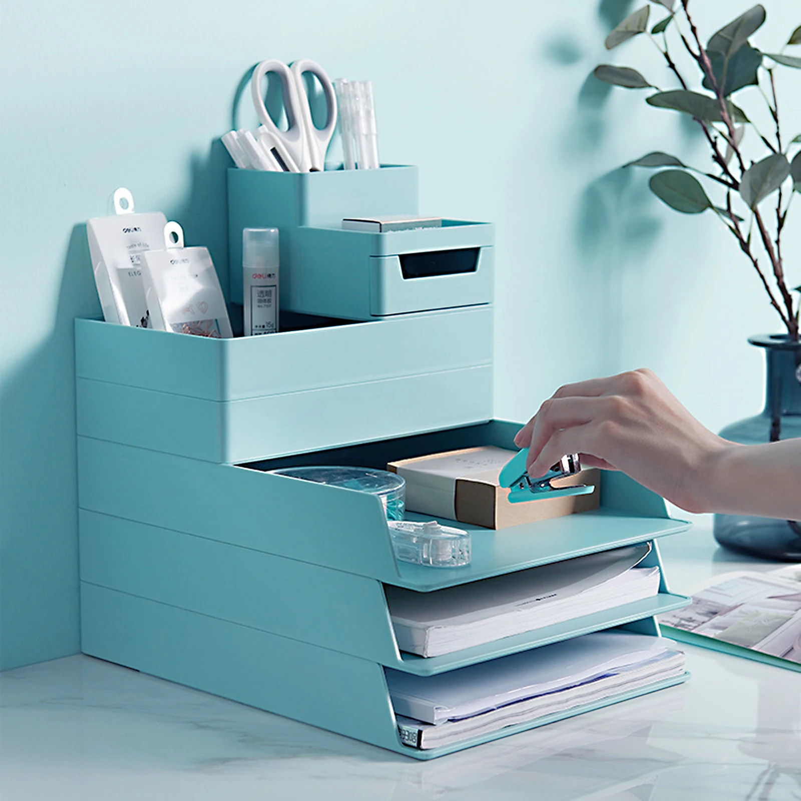 

1pc Multifunctional Storage Drawer Box Office Organizer Simple Plastic Container For Stationery Cables Pens Mobile Phones Green