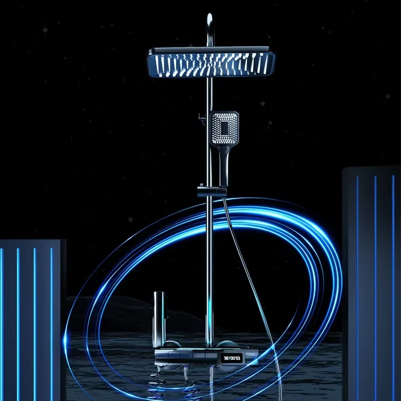 Brass Wall Mounted Shower Digital Atmosphere Light Piano Digital Display Bathroom LED Shower Faucet Piano Shower Mixer Set