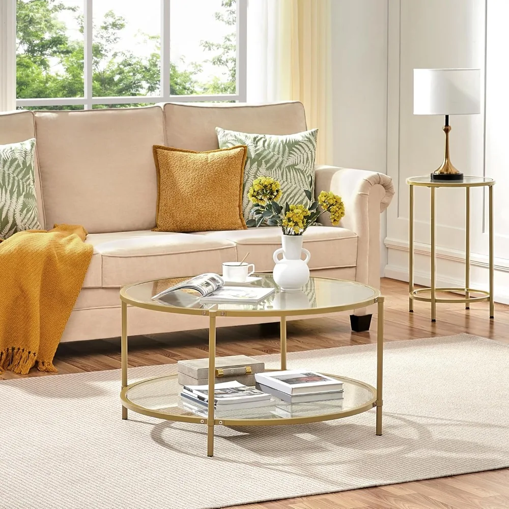 Round Coffee Table, Glass Coffee Table with Storage Shelf,2 Tier Gold Coffee Table for Living Room,Modern Circle Center Table