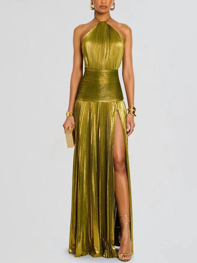 

НОВИНКА: Шикарное сексуальное длинное платье с открытыми плечами, на бретелях, с открытой спиной, на молнии, с разрезом, модное, для выпускного вечера, роскошное, плиссированное, вечернее платье для женщин