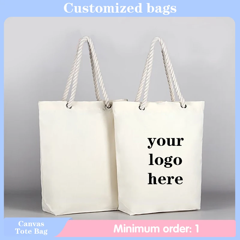 Custom Logo Cotton Rope Hand-held Canvas Bag Foldable Reusable Versatile Advertising Commuting Travel Shopping Shoulder Bag