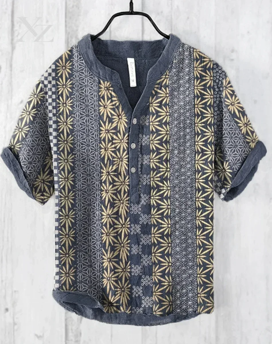 New Linen Short Sleeve Shirt National Style Print Men's Hawaiian Summer Tops European and American Popular Styles
