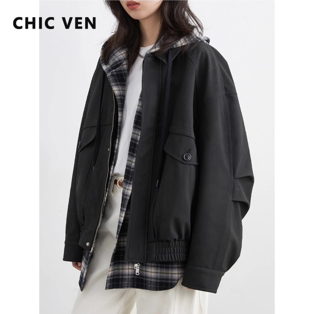 CHIC VEN Women Jackets Streetwear Black Loose Casual New Retro Workwear Motorcycle Female Short Coat Suede Autumn Winter 2025