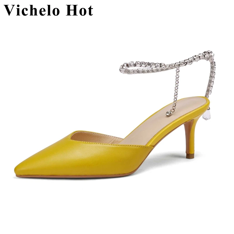 

Женские туфли-лодочки Vichelo, летние туфли из натуральной кожи с острым носком, на тонком высоком каблуке, украшенные стразами, L85, 2022