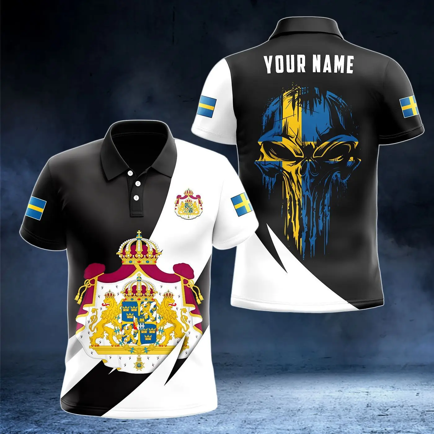 Camiseta Polo con Gráfico de Calavera y Bandera de Suecia, Personalizada con Nombre, Informal de Verano para Hombre, a la Moda, Holgada, Fresca, Suave, de Jersey, de Secado Rápido, para Exteriores, Estilo Urbano