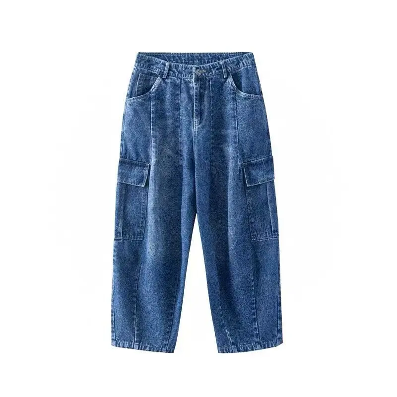 Pantalones vaqueros holgados de pierna ancha para hombre y mujer, peto recto de Hip Hop con bolsillos grandes, color azul