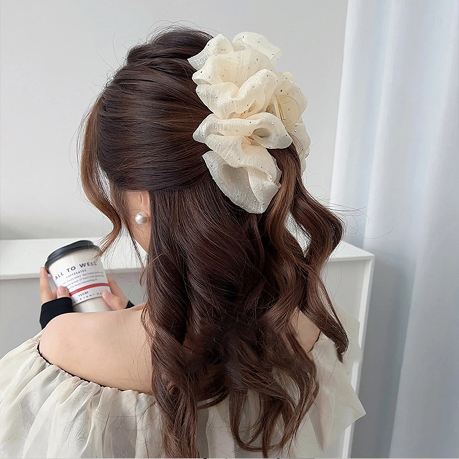 Mesh Yarn Bowknot Hair Claw Rhinestone Mesh Double Bow Claw Clip Cloud Bubble Hair Clip for Women Girls Hair Accessories