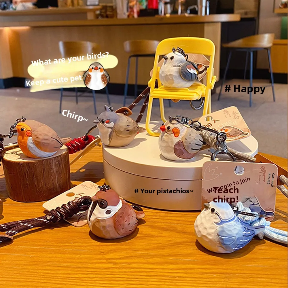 

Cartoon Imitation Wood Carving Keychain Grey Blue Tit Kawaii Animal Key Ring Original Design Tree Sparrow Pearl Bird Keychain