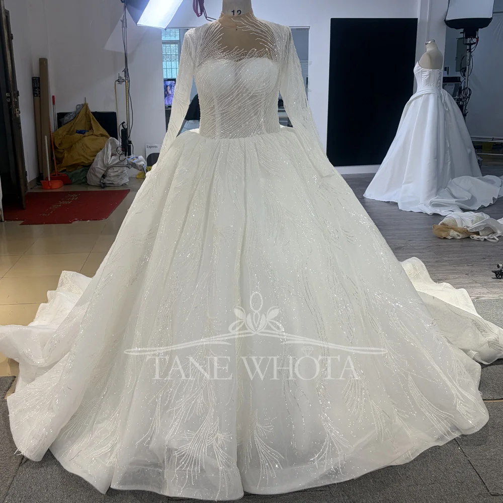 

Luxury High Long Sleeve Wedding Dress Sequins Classic Bridal Gown Customizable Elegant White Gown For Brides