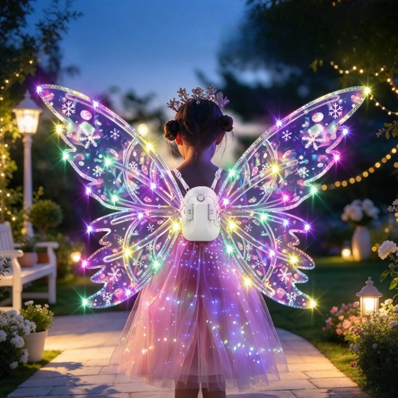 Light Up Moving Butterfly Wings for Girls, Large Purple Light Costume Wings with Music, Rechargeable Design and Lightweight Fit