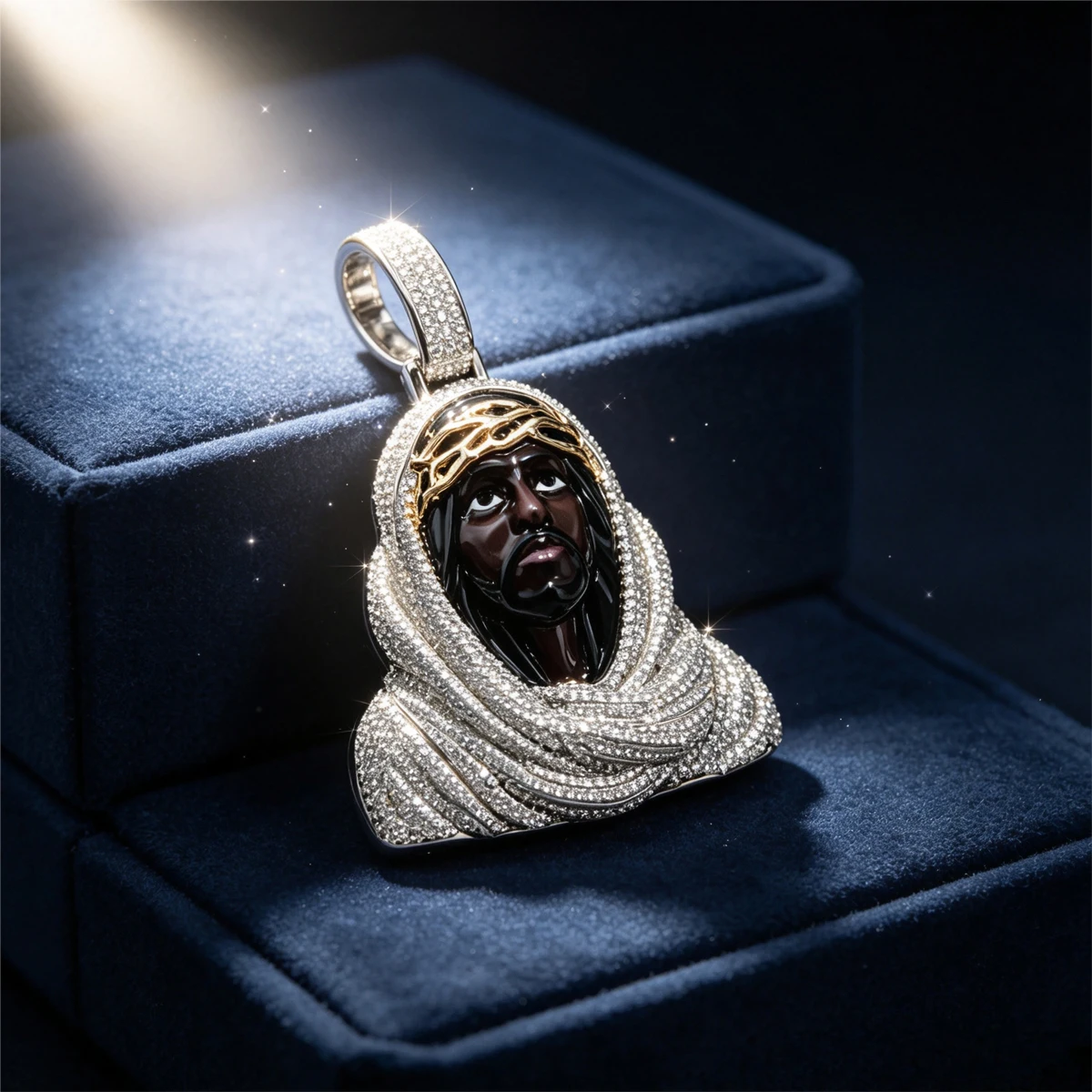 18K Gold Plated Iced Out Black Jesus Pendant Fine Jewelry Gifts for Men Boy Friends Cubic Zirconia Enamel Christ Charm Micro Paved Zircon Thorn Crown Necklace Hip Hop Religious Bling Jewelry Wrapped Robe Design Shiny Zircon Stones Street Rap Accessory