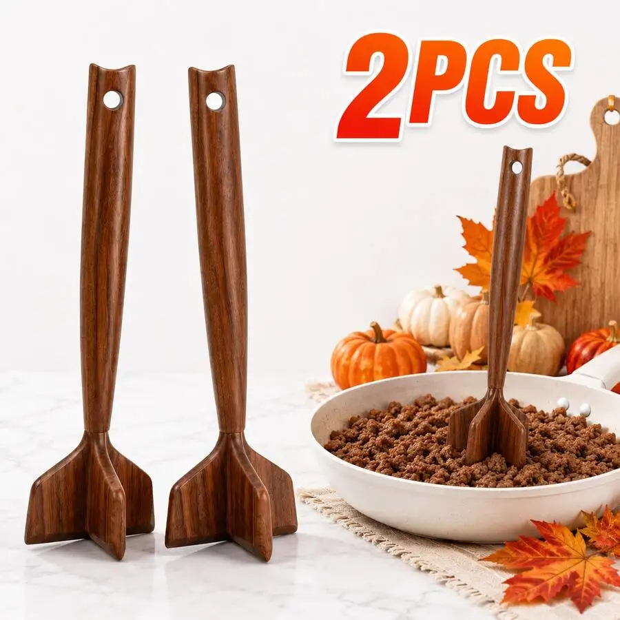 2PCS Brown Meat Masher Tool, Wooden Handheld Chopper For Smashers, Potato Masher, Kitchen Essentials And Kitchen Gadgets, Design