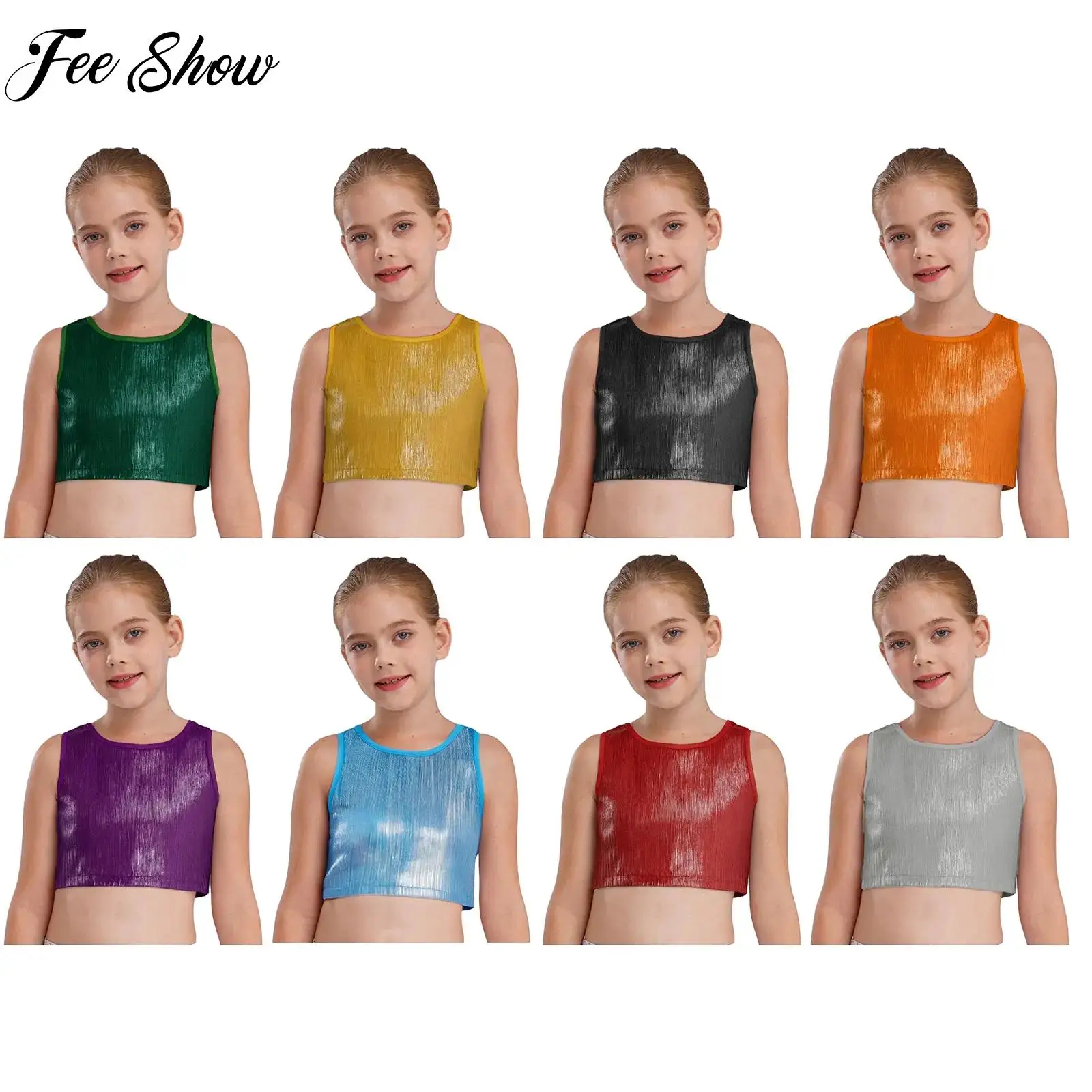 

Kids Girls Sleeveless Metallic Ribbed Vest Crop Top Forfor Hip-hop Jazz Festival Party School Stage Performance Clothes Costume