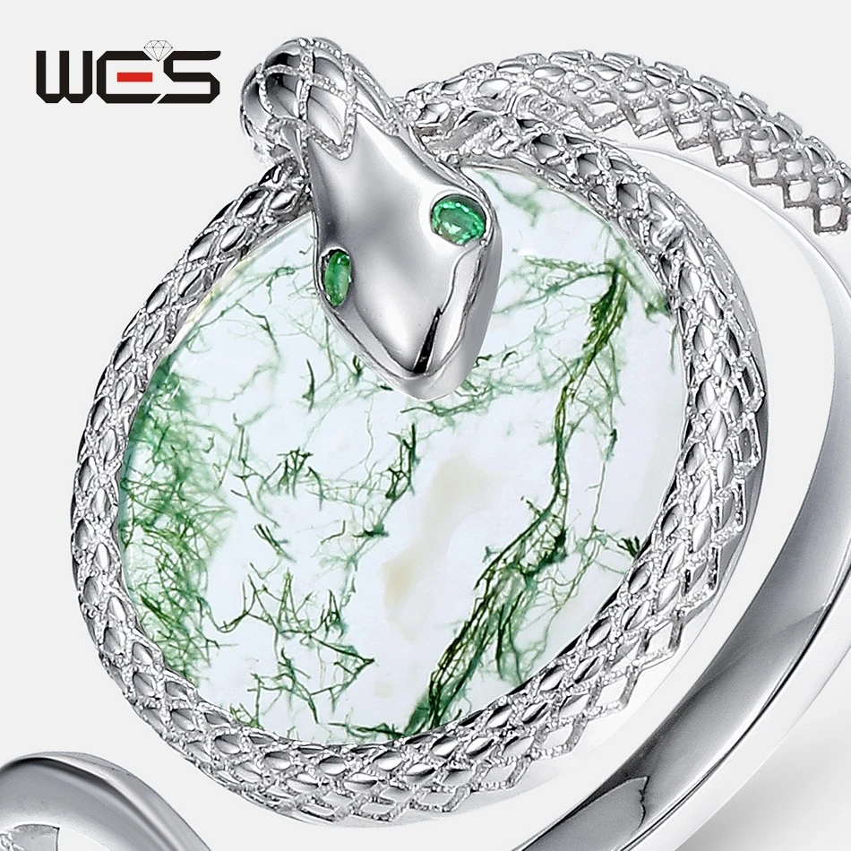 WES 925 Sterling Silver Snake Animal Adjustable Ring for Woman Natural Gem Moss Agate Engagement Gift Punk Jewelry Wholesale