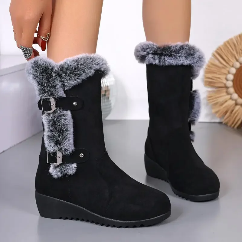 Fluffy Fur Wedge Heel Black Suede Ankle Boots Women 2025 Winter Warm Thick Plush Non Slip Snow Boots Metal Buckle Short Booties
