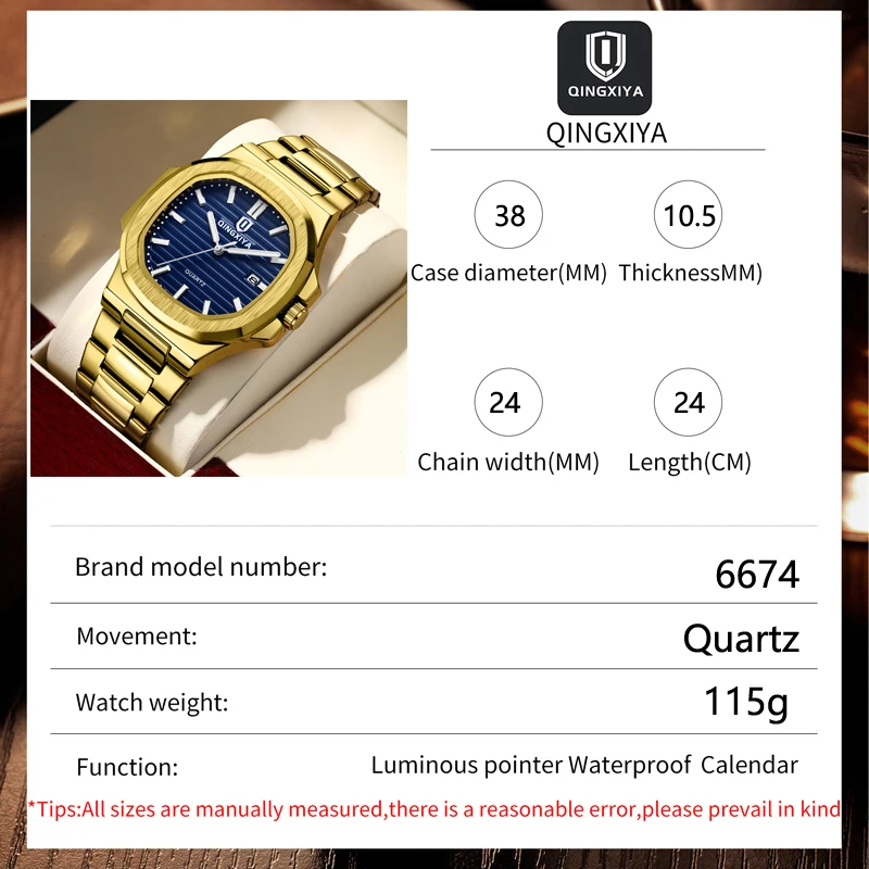 QINGXIYA Brand Fashion Square Dial Quartz Watch for Men Gold Stainless Steel Waterproof Luminous Calendar Luxury Mens Watch