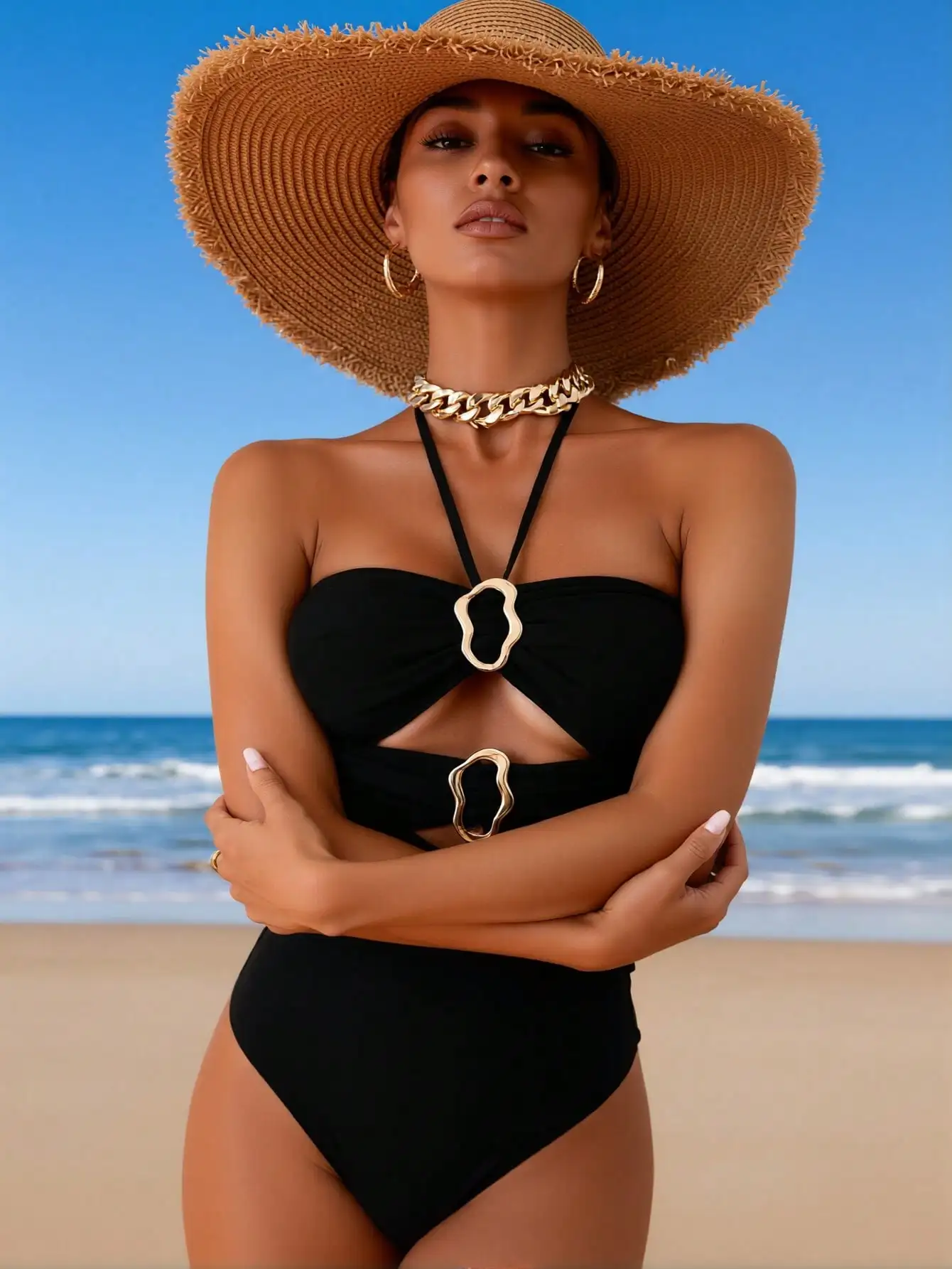 2026 New Sexy Bandeau One-Piece Swimsuit Women's Black Cutout Halter Bathing Suit with Gold Hardware for Beach Vacation, Tummy Control & Flattering