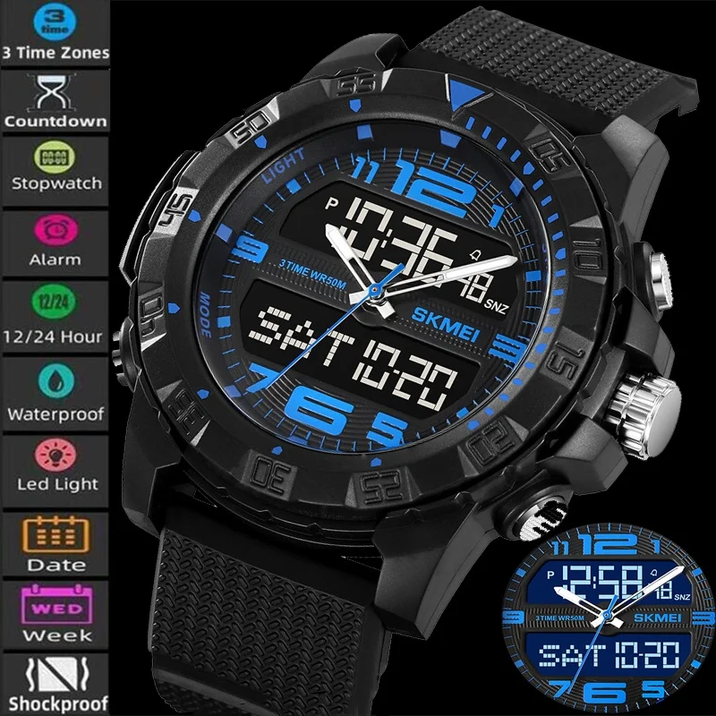 Skmei Sports Watches for Mens Analog Digital Display Three Time Zone Big Dial LED Waterproof Quartz Stopwatch Male Alarm Clock