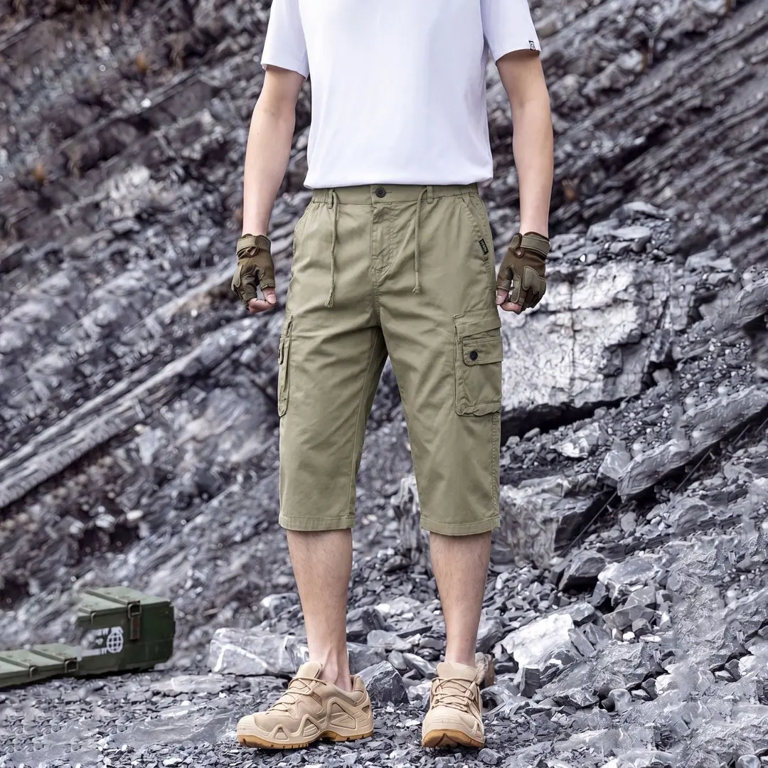 Men Elastic Drawstring Waist 3/4 Cargo Capri Pants Multi Pockets Loose Fit Outdoor Hiking Work Cropped Shorts9A316