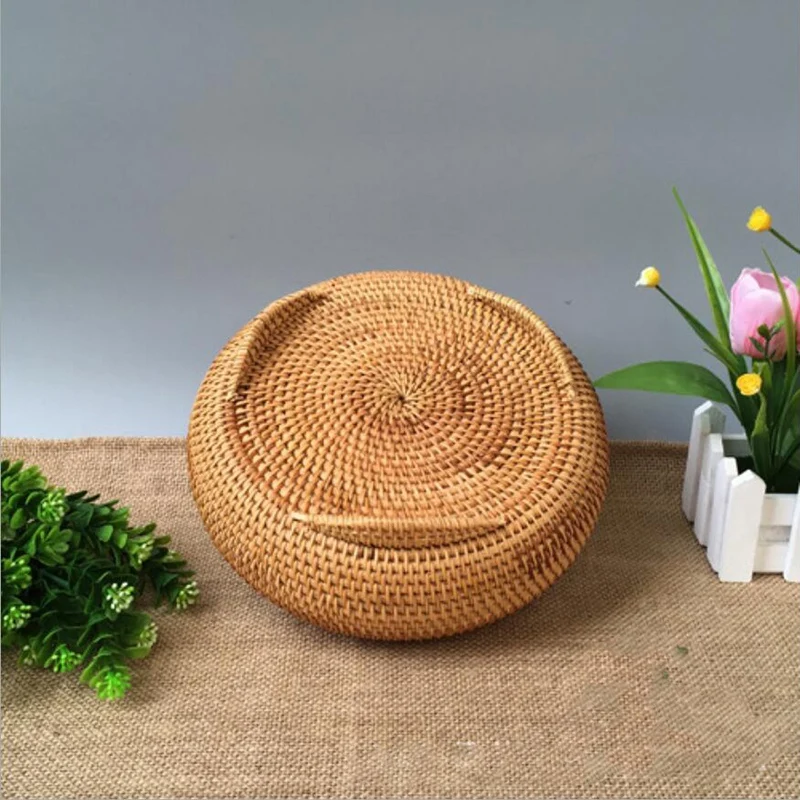 Storage Basket Hand-Woven Rattan Woven with Cover Round Primary Color Chinese Jewelry Snacks Tea Set Storage Box