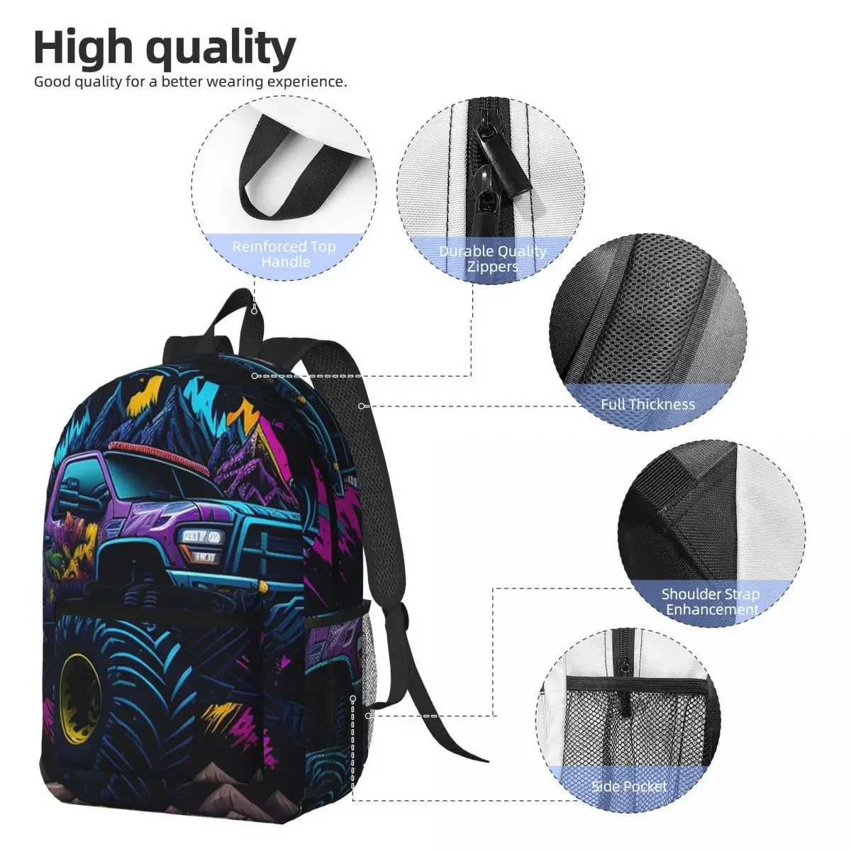 Cartoon Monster Truck In The Mountain Backpack Student BookBag Children School Bag Computer Shoulder Bags for Men Women