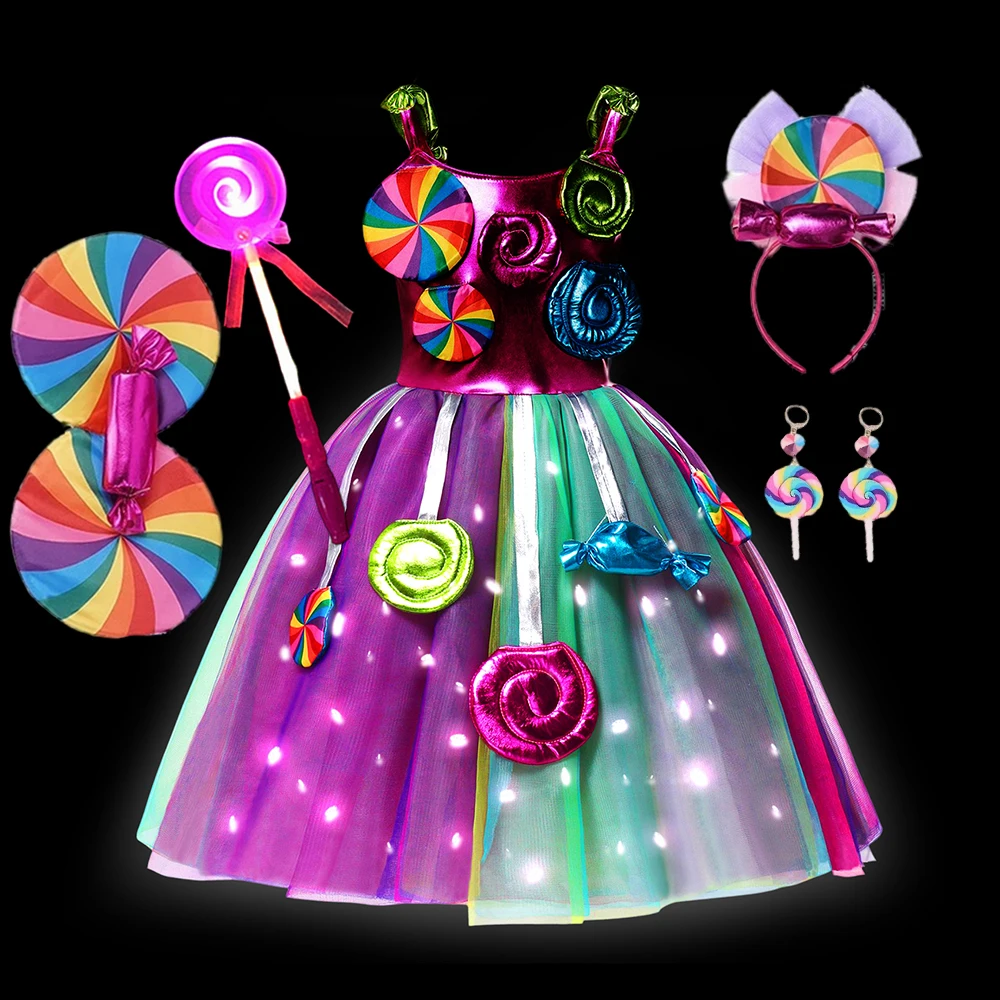 Girls LED Light Up Costumes Purim Sweet Candy Dress Lollipop Luminous Princess Festival Carnival Party  Clothes