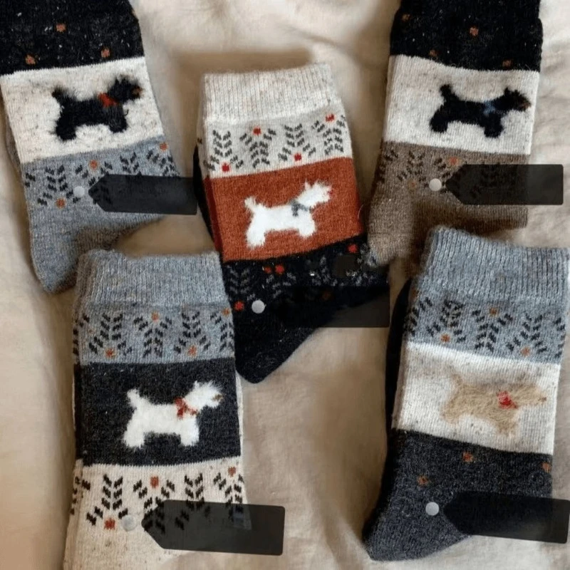 5 Paar warme Herbst-Winter-Socken mit niedlichem Welpen-Design für Damen, Thermosocken, günstige dicke Socken für Mädchen im Großhandel