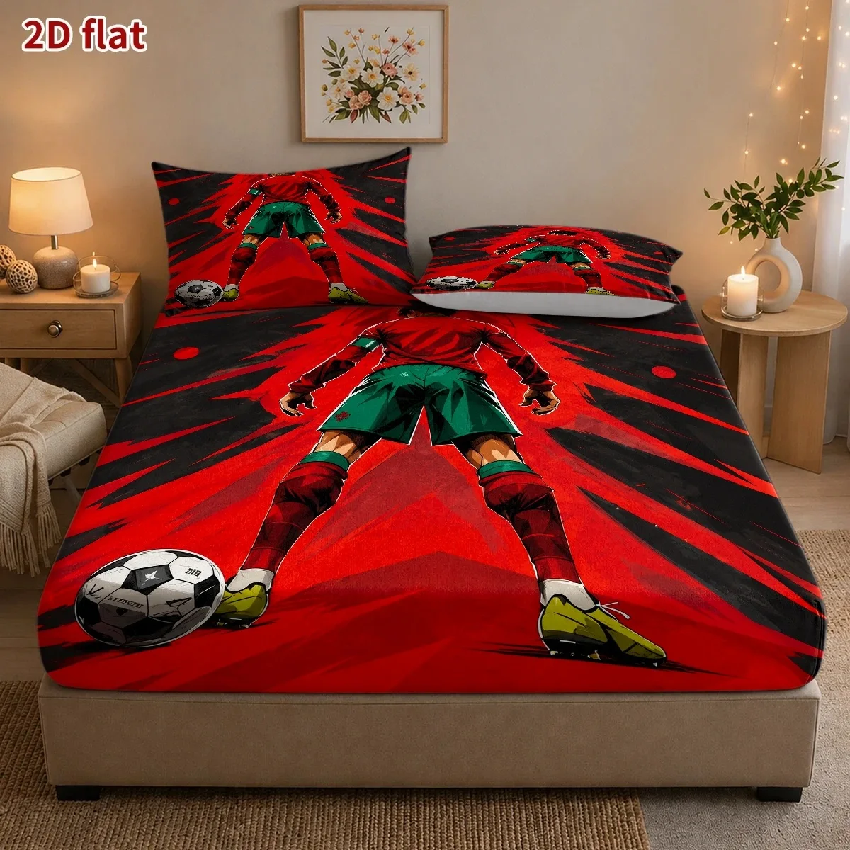 Football Player Silhouette Theme 3-Piece Mattress Protector Set 2D Flat Print Fitted Sheet Four-Season Fitted Sheet Set Home Bedroom Decoration Holiday-Themed Fitted Sheet and Pillowcase Mattress Protector, Stain-Resistant Mattress Cover, Suitable for All Seasons, Machine Washable, Easy to Care For, Dust-Proof and Dirt-Resistant, High Elasticity, Fits Various Sizes