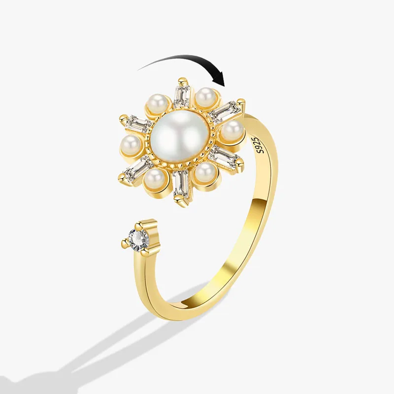 KOFSAC Elegant Pearl Zircon Flower Ring For Women Fashion 925 Silver Finger Jewelry Exquisite Rotate Rings Lady Romantic Gift