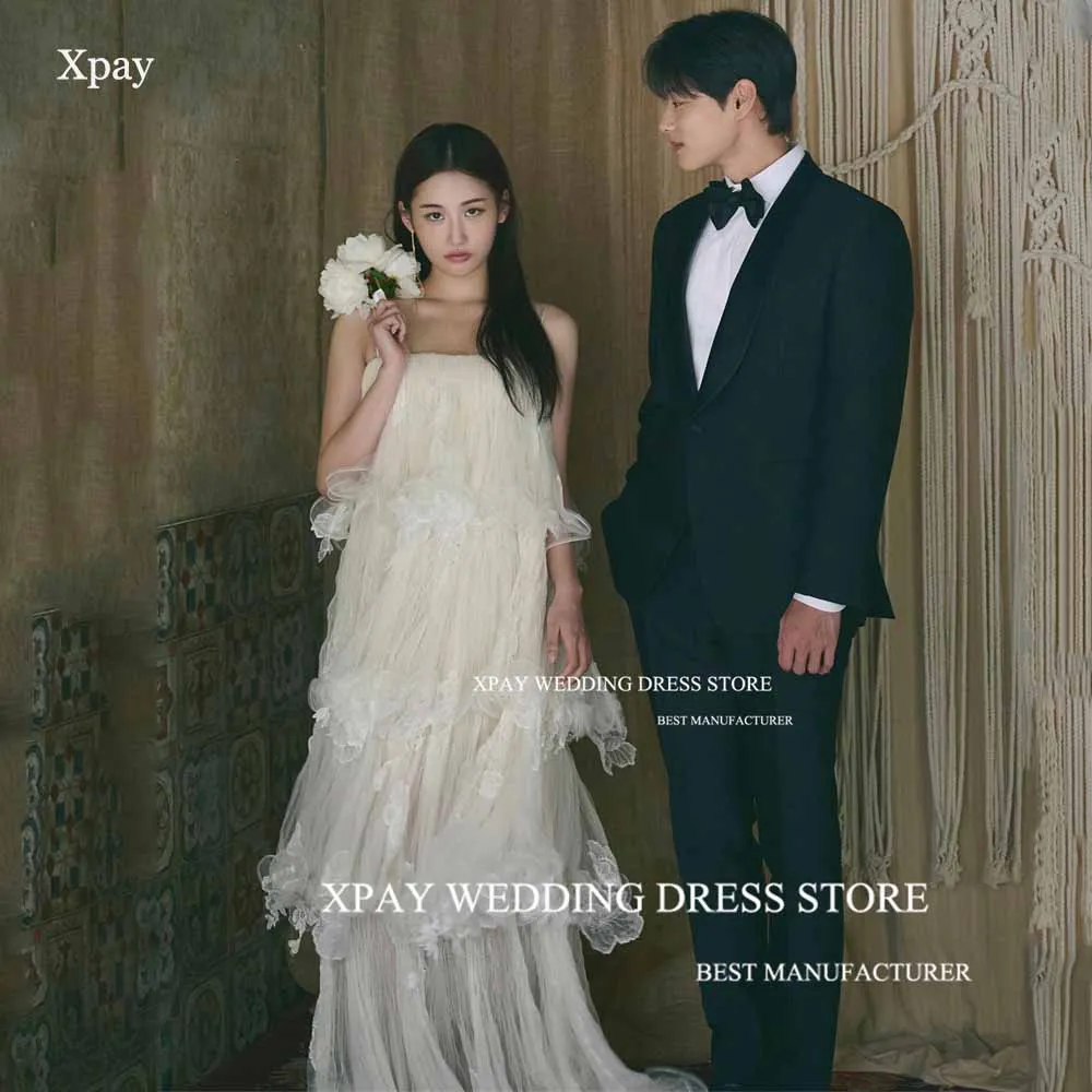 

XPAY Modest Spaghetti Straps Korea Wedding Dresses Ruffles Tiered Tulle Bridal Gown Boat Neck Backless Photos Shoot Bride Dress