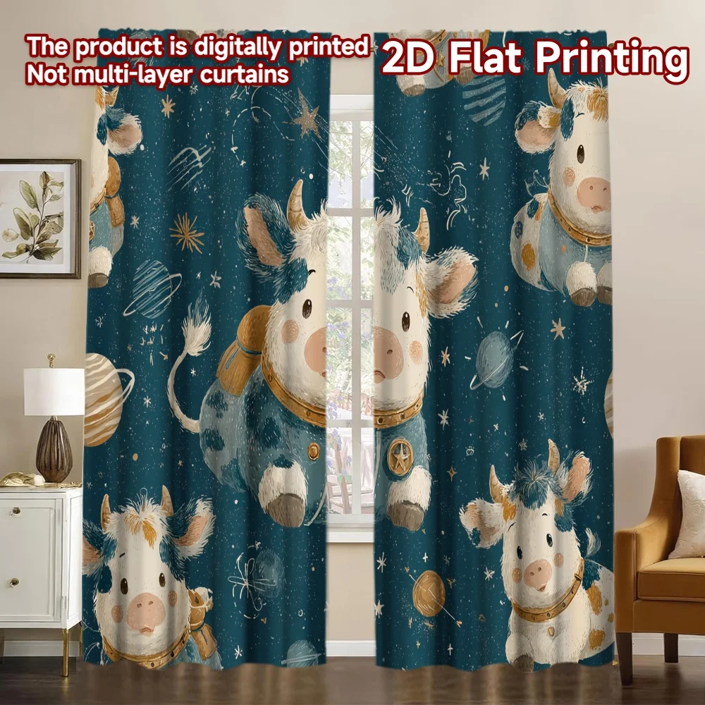 2D FLAT PRINTING 2pcs Curtains (Without Rod) Space Adventures with Cows Pattern Chic Curtains 100% Polyester Curtains Valentine