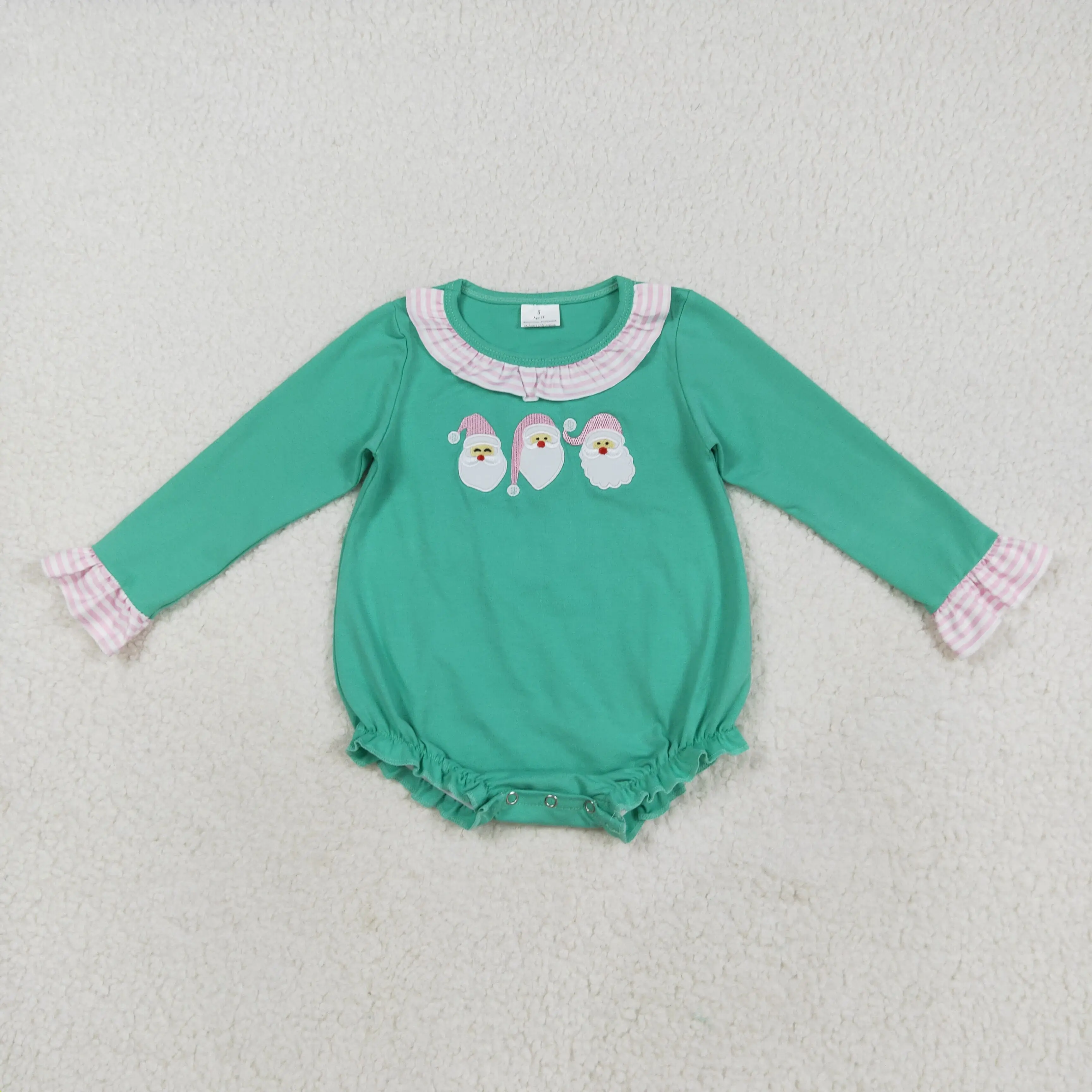 

8.20y Christmas baby girls romper embroidered Santa Claus pink striped green long-sleeved onesie