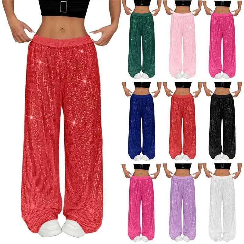 Casual Sequin Pants Stretchy High Waist Wide-Leg Party Club Outfit Sparkly Stylish Loose Fit Eye-Catching Evening Wear Trousers