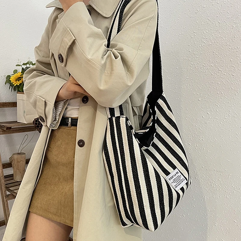 Korean Simple Striped Canvas Tote Bag Casual Large Capacity Double-sided Shoulder Bag image 4